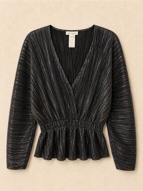 Good American Metallic Plissé Peplum Top Black Silver Pleated Blouse Size 3/4